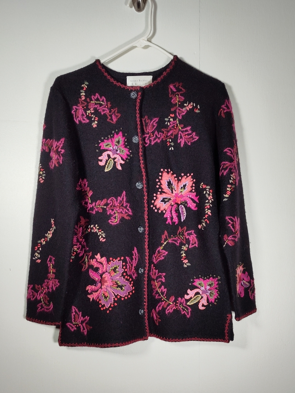 Vintage Susan Bristol 100% wool embroidered cardigan sweater M
